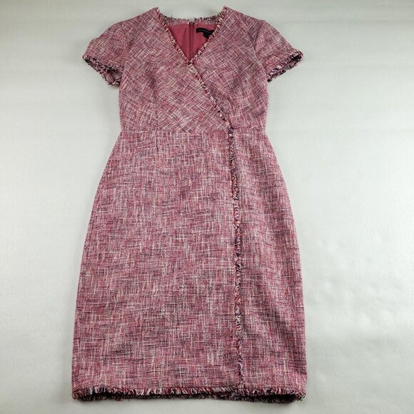 Banana Republic Dresses & Skirts - Banana Republic Tweed Fringe Dress Womens 4 Pink Sheath V Neck Faux Wrap